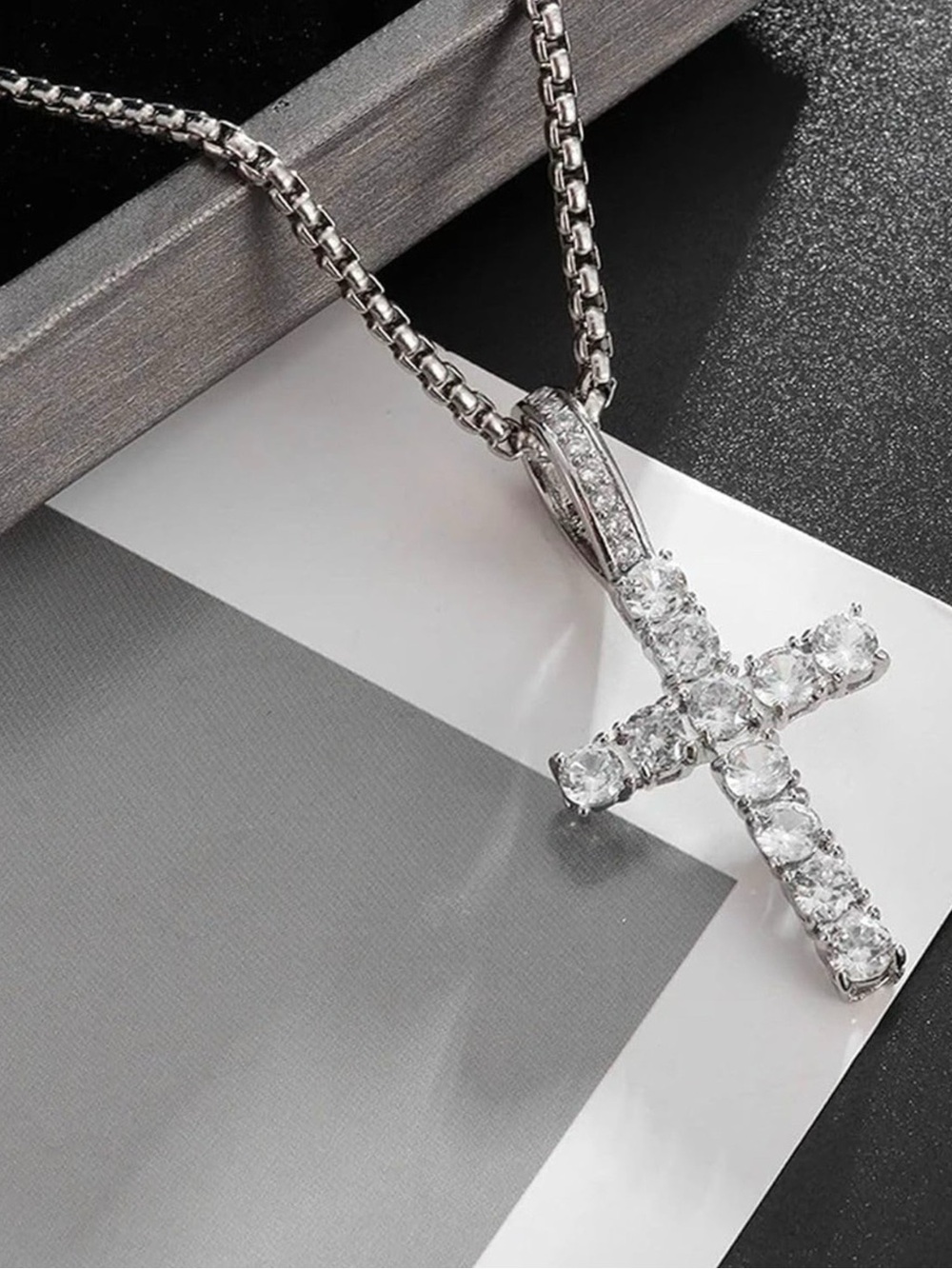 New Silver Ice Out Cross Pendant Tennis Chain Necklace 23” Bling Hip-Hop Jewelry